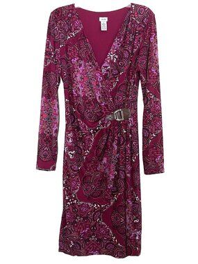 Cache Dress XL Paisley Faux Wrap V-neck Stretch Business Casual Leather Buckle